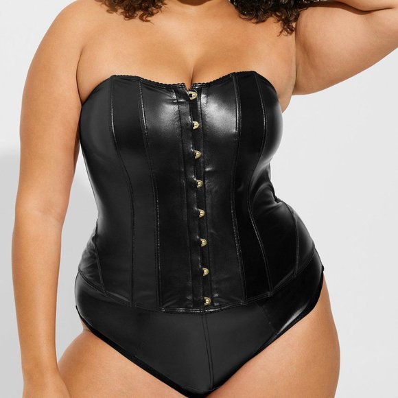 ❤️NWT VINTAGE TORRID BLACK FAUX LEATHER CORSET HOOK & EYE LACED BACK LINGERIE - Picture 1 of 12